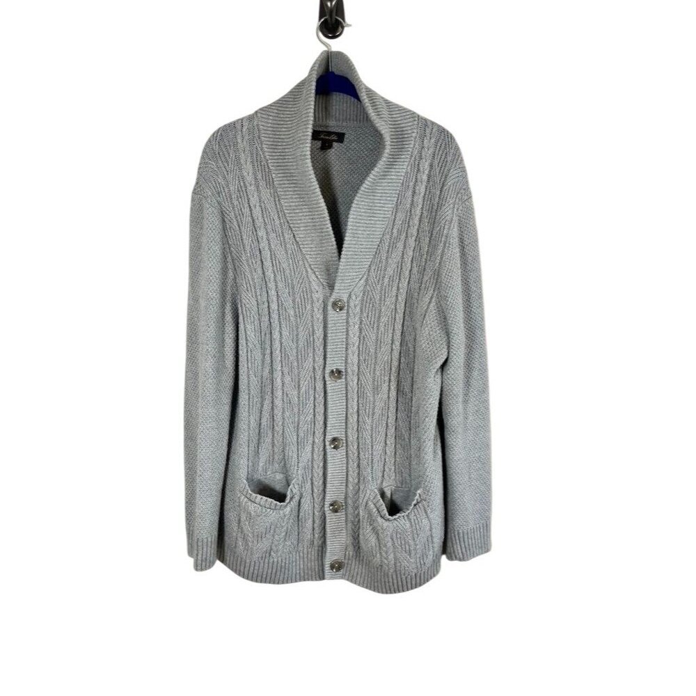 Tasso Elba Cable Knit Cardigan Grey L Neutral Grandpa Fisherman Chunky Preppy